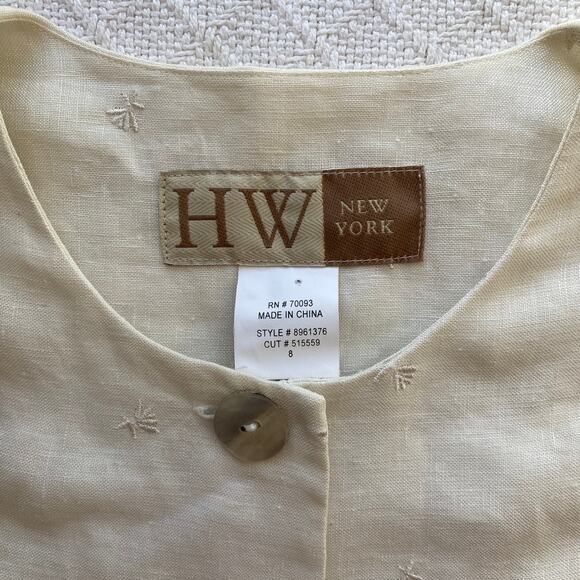 HW New York 100% Linen Embroidered Cream Jacket Top Shell Buttons Size 8 - Picture 5 of 9